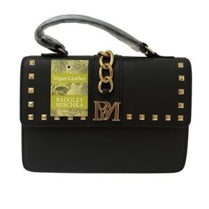 NEW Badgley Mischka Black Studded Chain Crossbody/Handle Purse Vegan Leather
